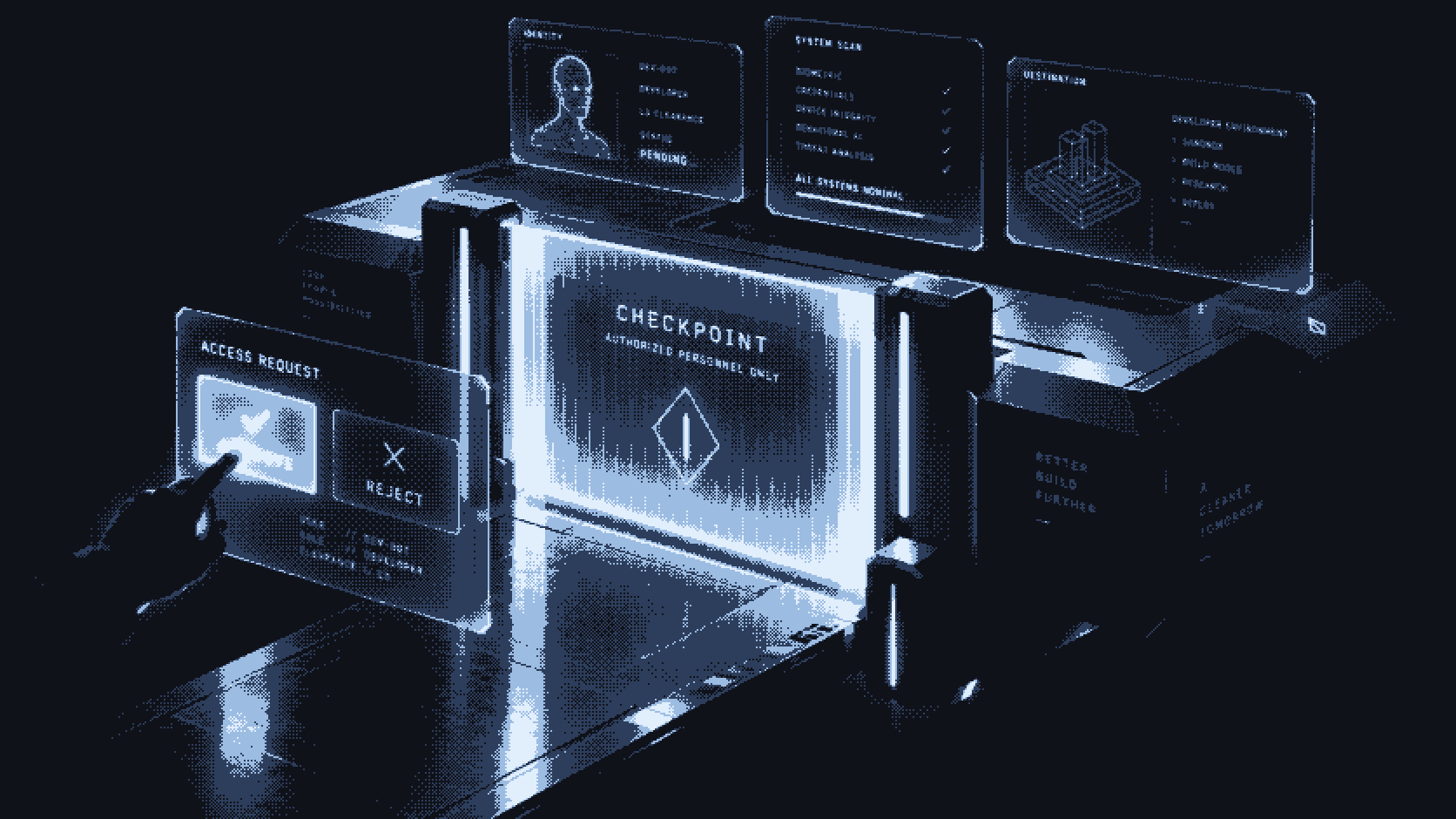 Isometric glass terminal console blocked by a holographic approval gate