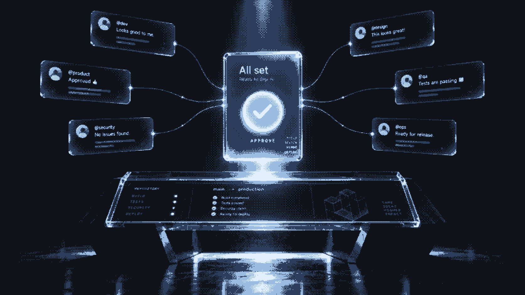 Chat bubble holograms converging into a single approval card
