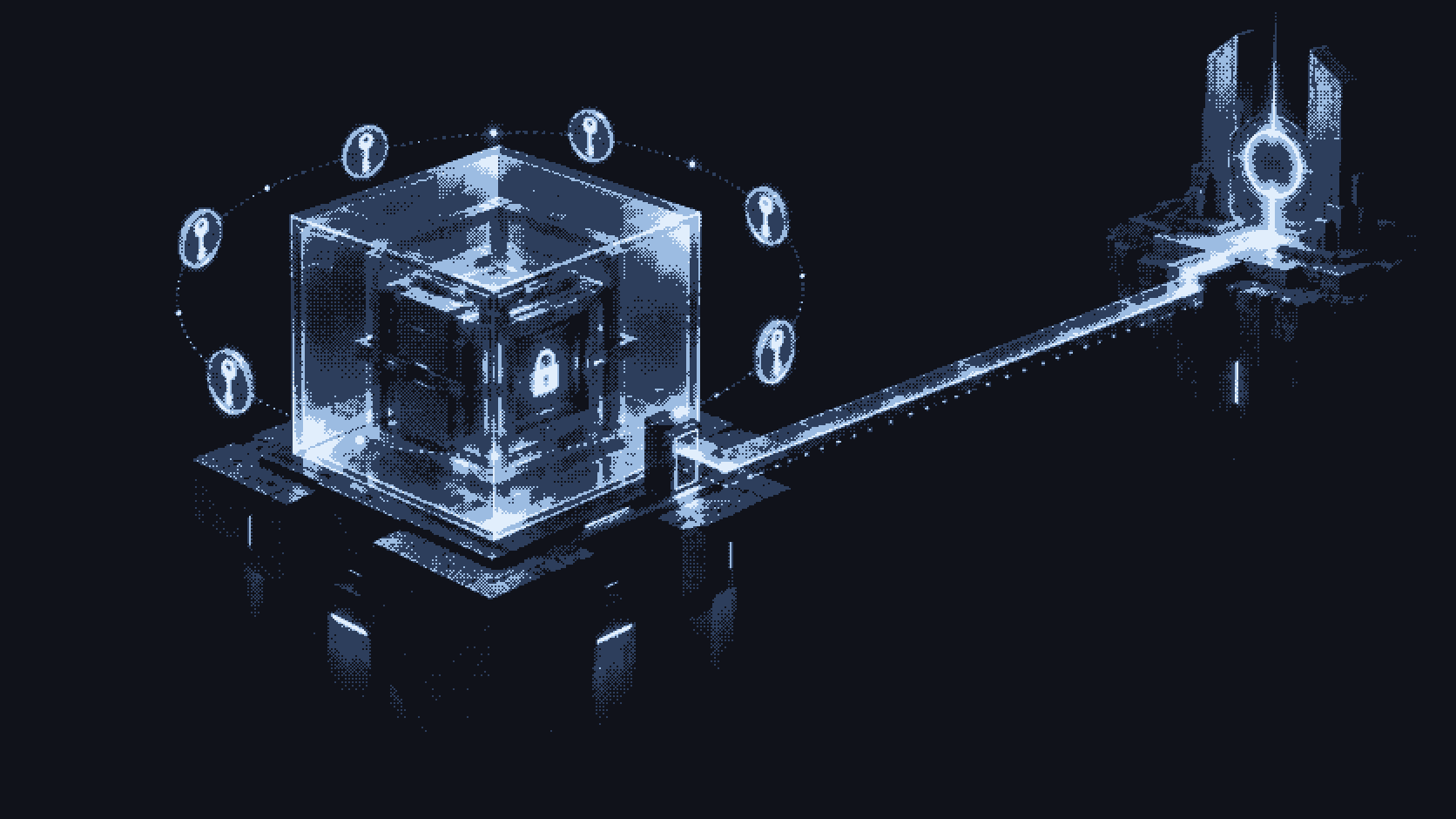 Sealed glass container with key glyphs orbiting outside its boundary