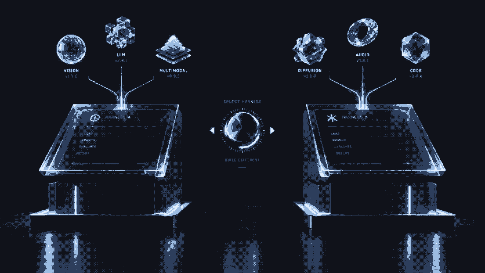 Two glass consoles branching to different holographic model nodes