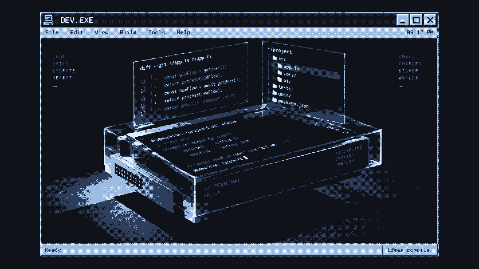 Retro OS window floating in a dark void, holding a glass terminal console with holographic code panels