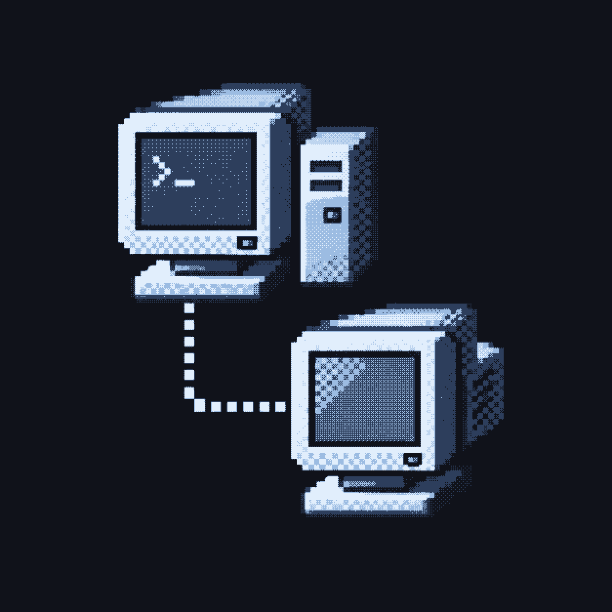 Pixel-art workstation of two CRT monitors on a network node
