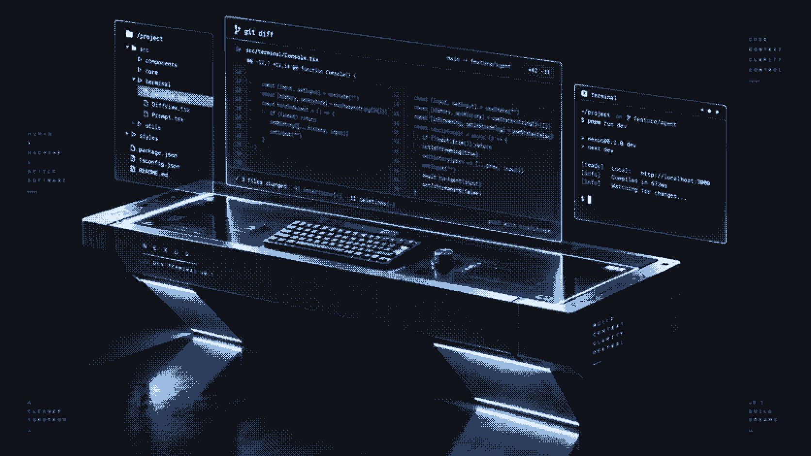 Glass terminal console with holographic diffs floating above it