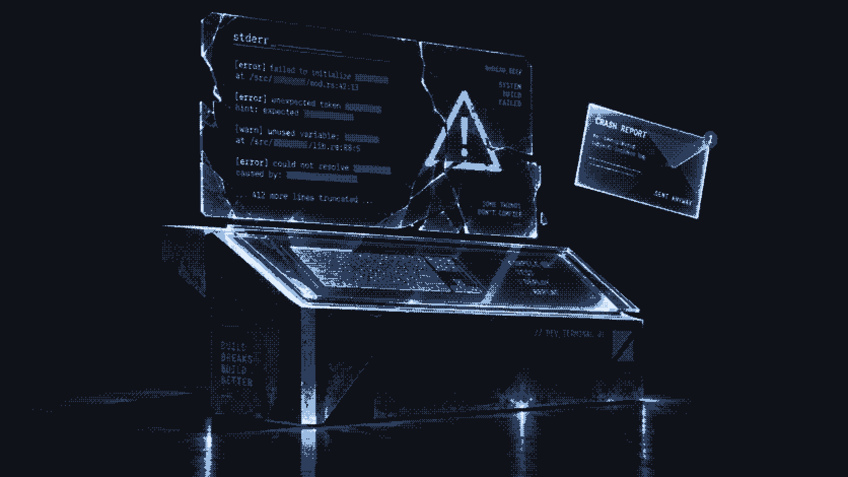 Glass console beneath a fractured holographic error panel