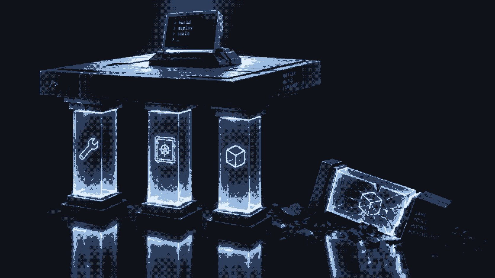 Three glass pillars holding up a floating terminal platform